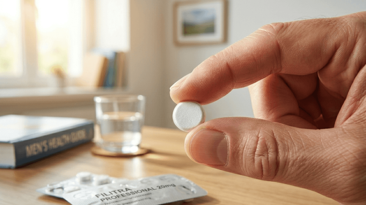 Man holding Filitra Professional 20mg Vardenafil orodispersible tablet with blister pack on table