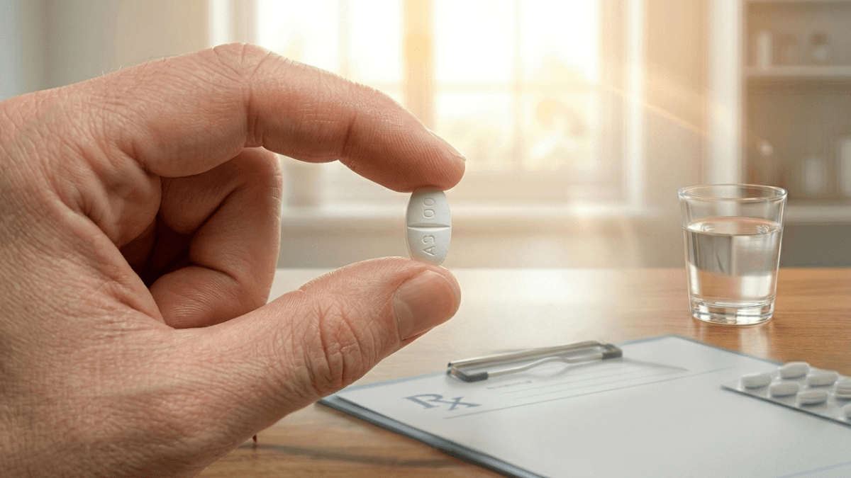 Hand holding Aspadol 100mg tapentadol tablet with prescription pad and water
