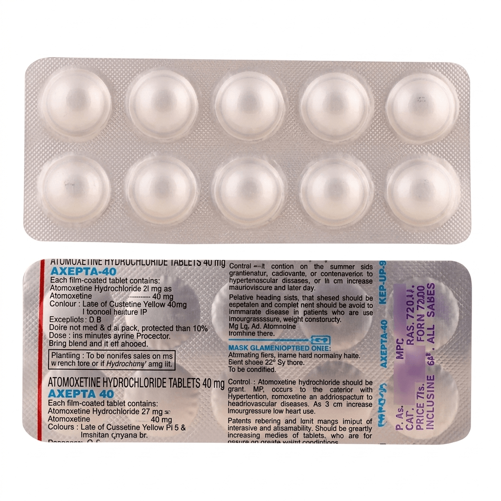 Axepta 40 Atomoxetine Hydrochloride 40mg blister pack showing 10 film-coated tablets with packaging label.