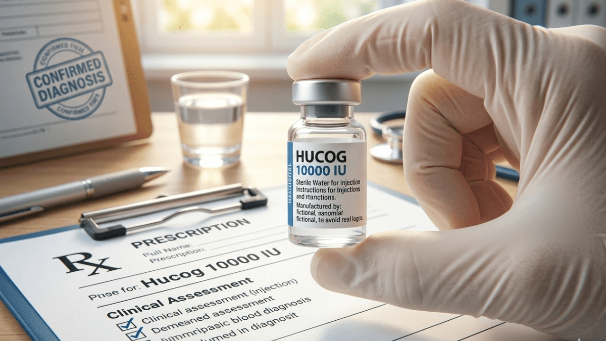 Healthcare professional holding Hucog 10000 IU vial with prescription form and confirmed diagnosis in clinical setting