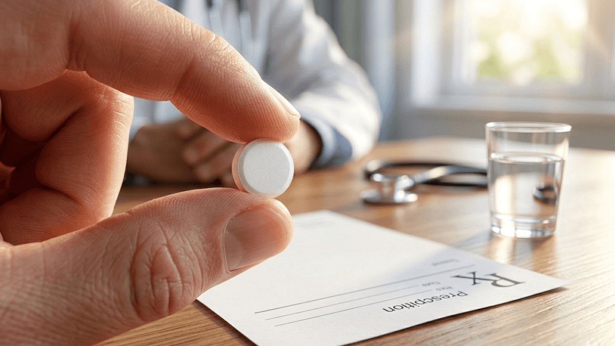 Doctor holding a Provibol mesterolone 25mg tablet with a prescription form and stethoscope on desk