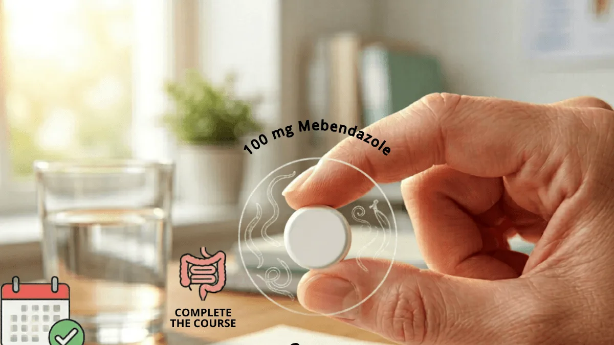 Mebentel 100 mg Mebendazole tablet held in hand — complete the full course