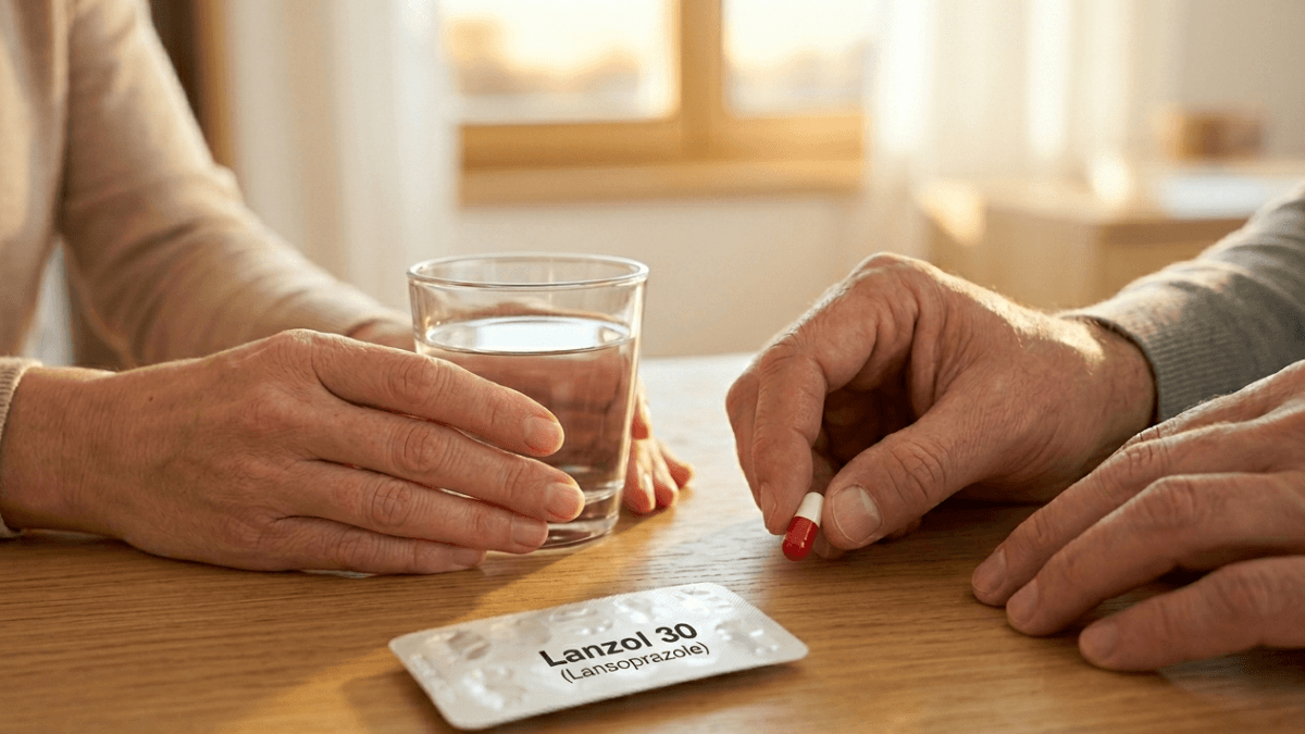 Elderly person holding a Lanzol 30 lansoprazole capsule with a glass of water on a wooden table
