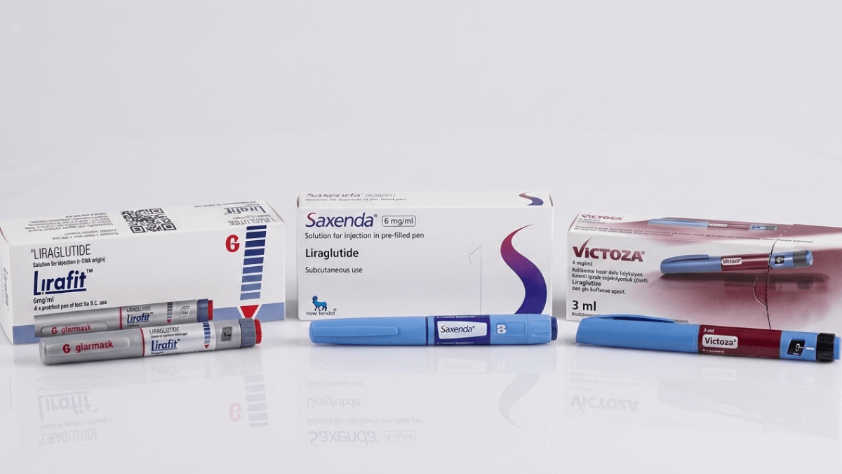 Lirafit, Saxenda 6mg/mL and Victoza liraglutide injection pens and packaging side by side