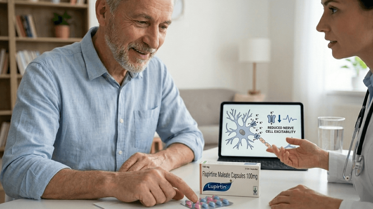 Doctor explaining flupirtine maleate capsules 100mg Lupirtin to patient with nerve cell diagram on tablet