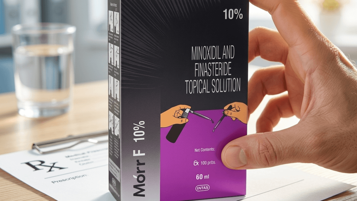 Morr F 10 Minoxidil 10% Finasteride topical solution box with prescription