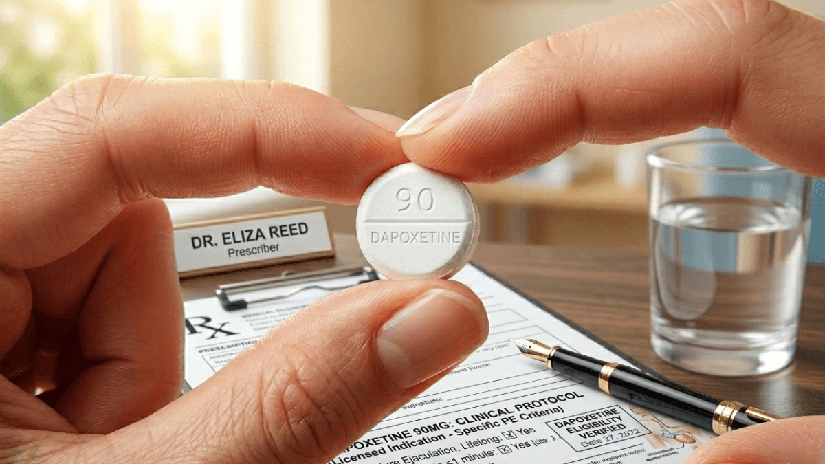Prescriber holding a Poxet 90 dapoxetine 90mg tablet with a clinical prescription form on a desk