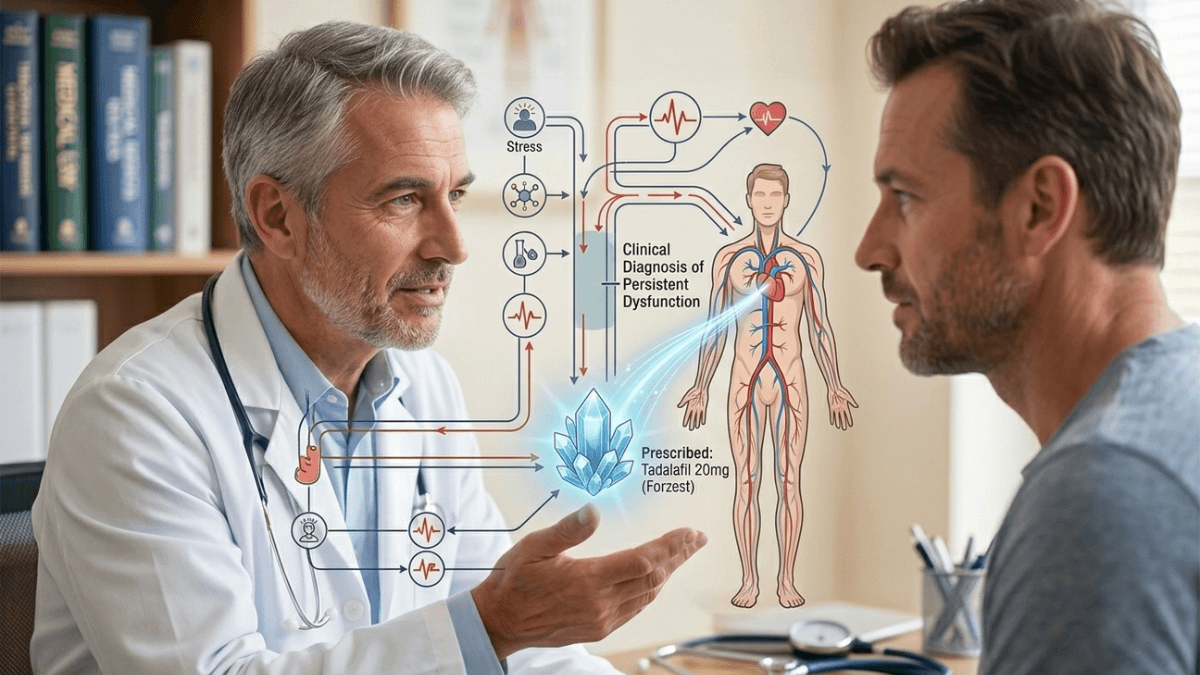 Doctor explaining erectile dysfunction diagnosis with Tadalafil 20mg Forzest blood flow diagram