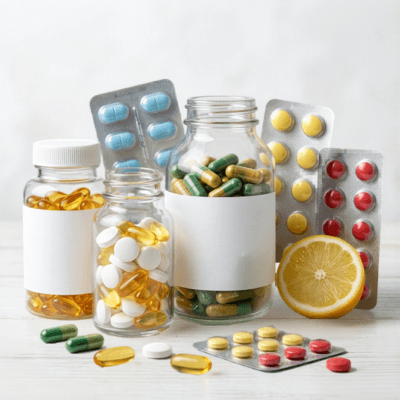 Assorted vitamins and health supplements in glass bottles and blister packs with a fresh lemon slice on a white wooden surface.