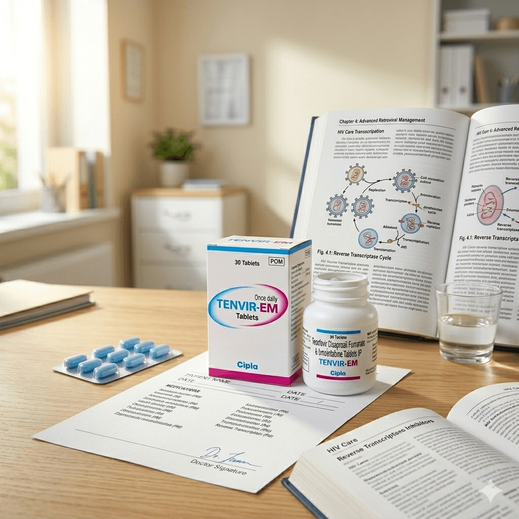 Tenvir-EM tablets box and bottle on a doctor's desk with an HIV care textbook and signed prescription.