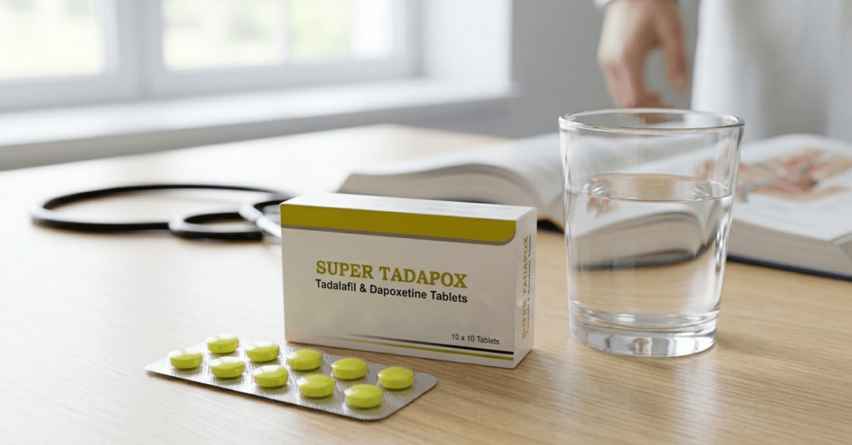 Super Tadapox Tadalafil and Dapoxetine tablets box with blister pack