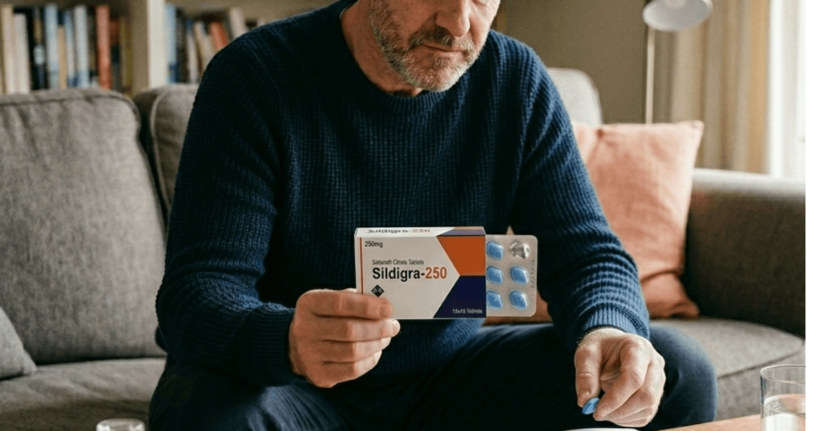 Older man holding Sildigra 250mg sildenafil citrate tablet box whilst sitting on sofa