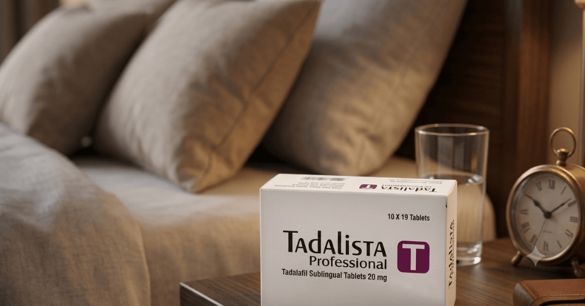 Tadalista Professional Tadalafil 20mg sublingual tablet box on bedside table