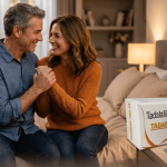 Couple smiling together on a bed, with a box of Tadalafil Tablets 20mg (Tadarise Pro-20) shown beside them.