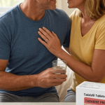 Couple with Tadalafil tablets 40mg medication box and glass of water