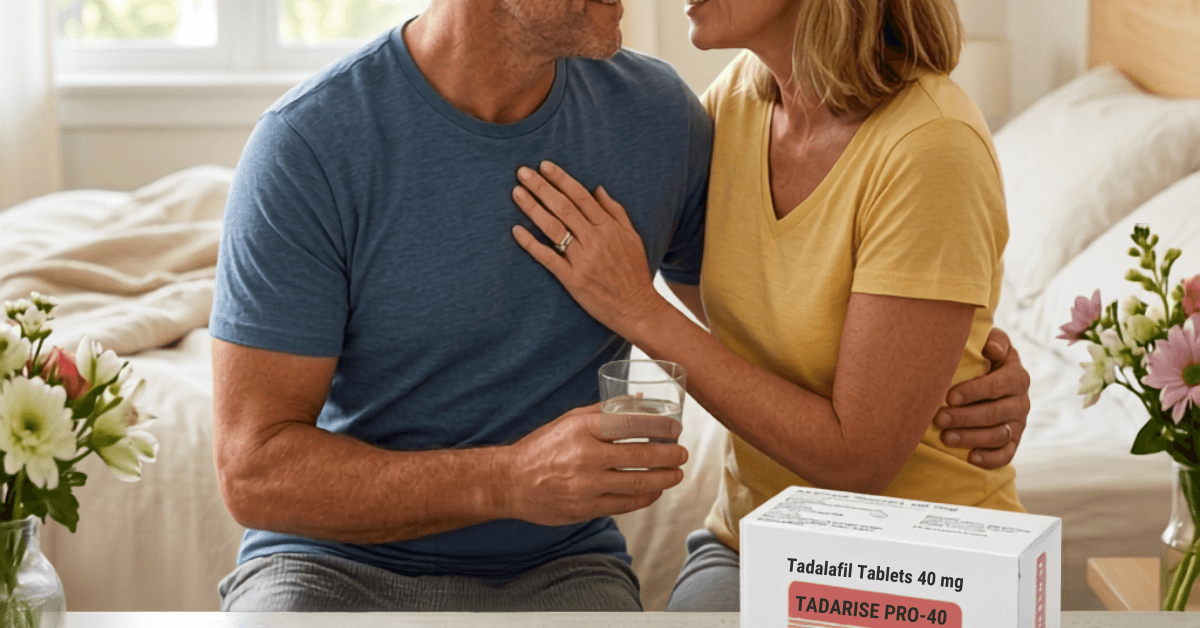 Couple with Tadalafil tablets 40mg medication box and glass of water