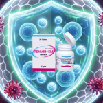 Tenvir-EM tablets shielded against HIV virus cells, symbolising antiviral protection.