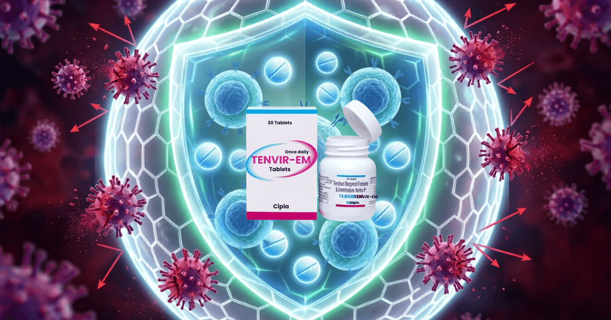 Tenvir-EM tablets shielded against HIV virus cells, symbolising antiviral protection.