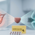 Super Vilitra tablet showing dual action on blood vessels and nerve synapse in a medical laboratory setting