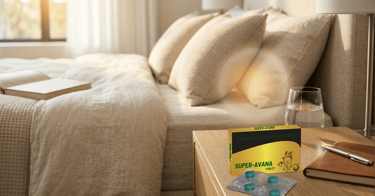Super Avana Avanafil Dapoxetine tablets on bedside table