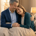 Couple smiling together on bed with Suhagra 50 Sildenafil Citrate tablets by Cipla on bedside table