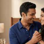 Happy couple smiling together in bedroom with Tadalis-SX tadalafil tablets on bedside table