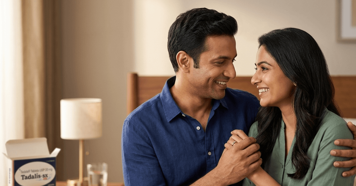 Happy couple smiling together in bedroom with Tadalis-SX tadalafil tablets on bedside table