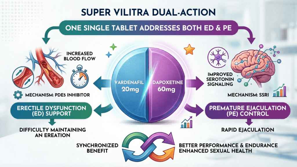 Super Vilitra dual-action infographic showing Vardenafil 20mg for ED and Dapoxetine 60mg for premature ejaculation control