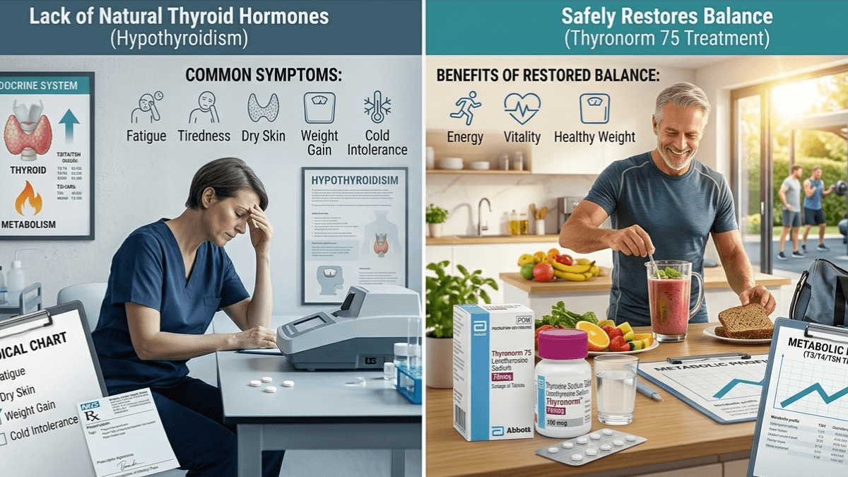 Hypothyroidism symptoms before and after Thyronorm 75 treatment, showing restored energy and vitality