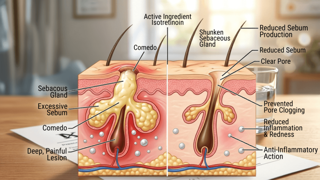 Diagram showing isotretinoin's effect on acne-prone skin and sebaceous glands