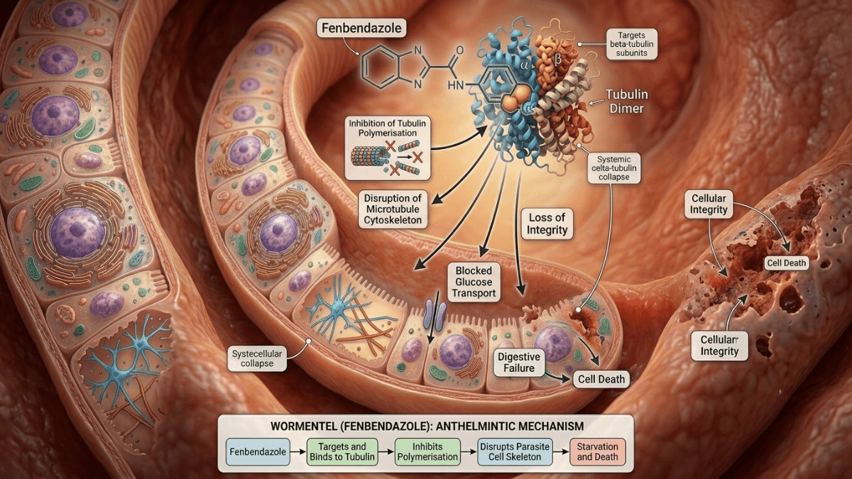 Medical diagram showing the anthelmintic mechanism of Wormentel (Fenbendazole) inhibiting tubulin polymerisation to cause parasite cell death.