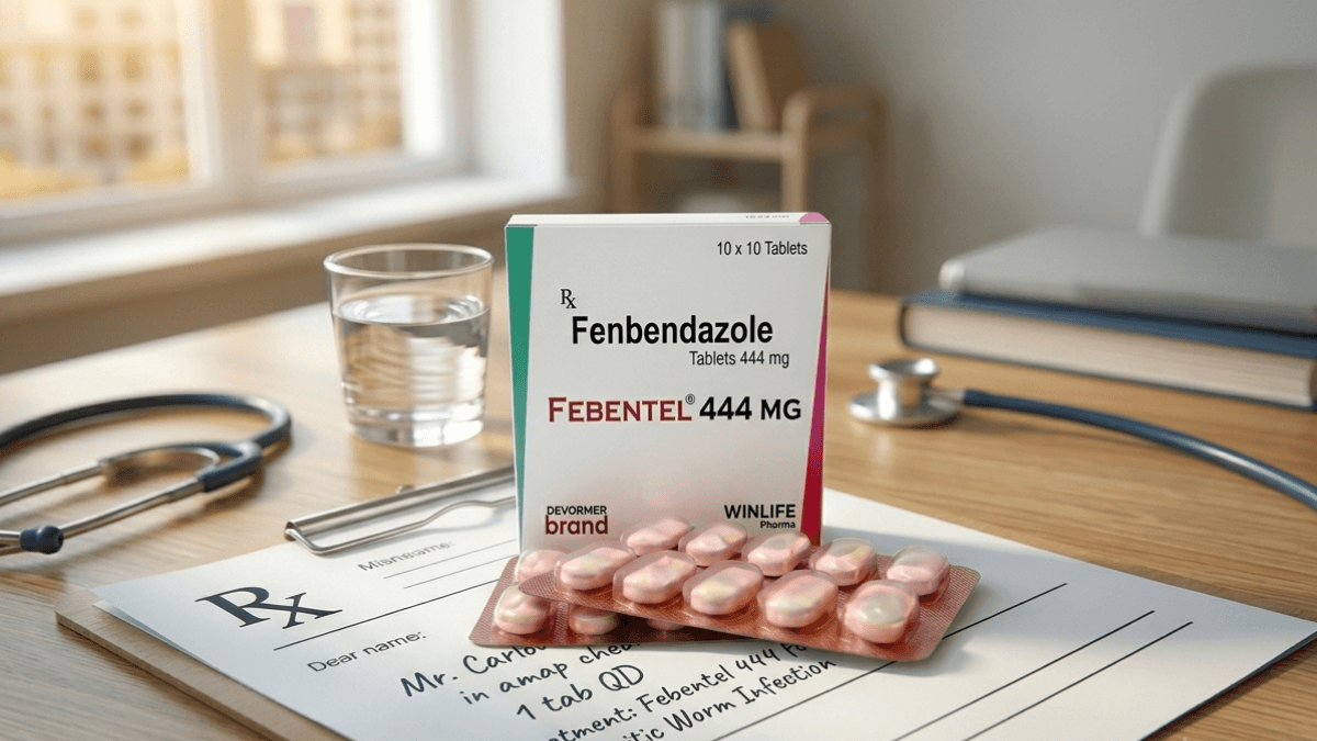 Fenbendazole 444mg tablets (Febentel) prescription medicine box with blister pack on doctor's desk, stethoscope and glass of water in background.