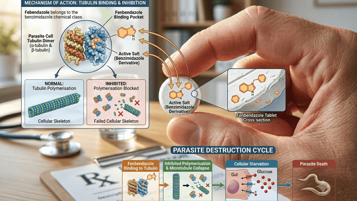 Fenbendazole tubulin binding inhibition diagram showing parasite destruction cycle and mechanism of action.