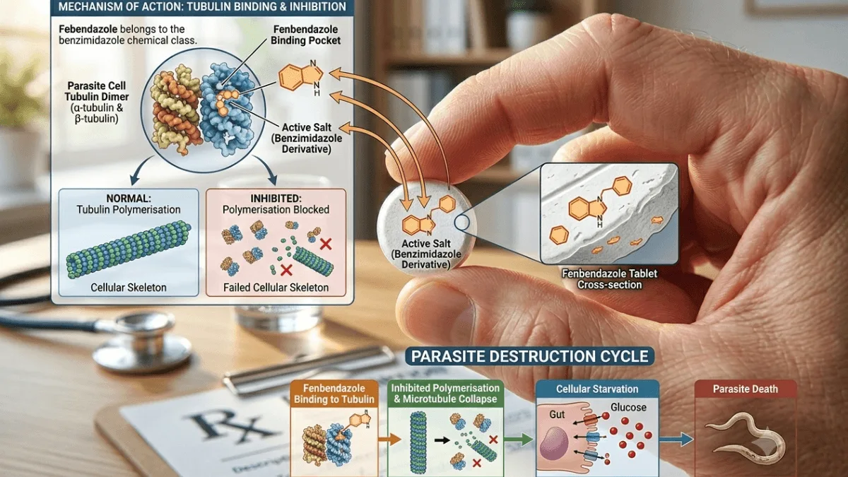 Fenbendazole tubulin binding inhibition diagram showing parasite destruction cycle and mechanism of action.