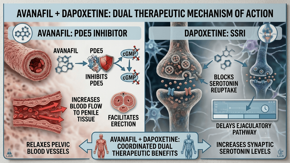 Avanafil and Dapoxetine dual mechanism of action diagram showing PDE5 inhibitor and SSRI therapeutic effect