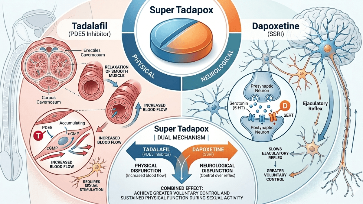 Super Tadapox dual mechanism – Tadalafil PDE5 inhibitor and Dapoxetine SSRI diagram