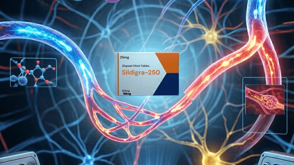 Sildigra 250mg sildenafil citrate tablet box against neural and vascular biology background