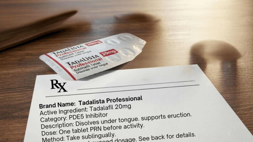 Tadalista Professional 20mg Tadalafil sublingual tablet blister pack on prescription form