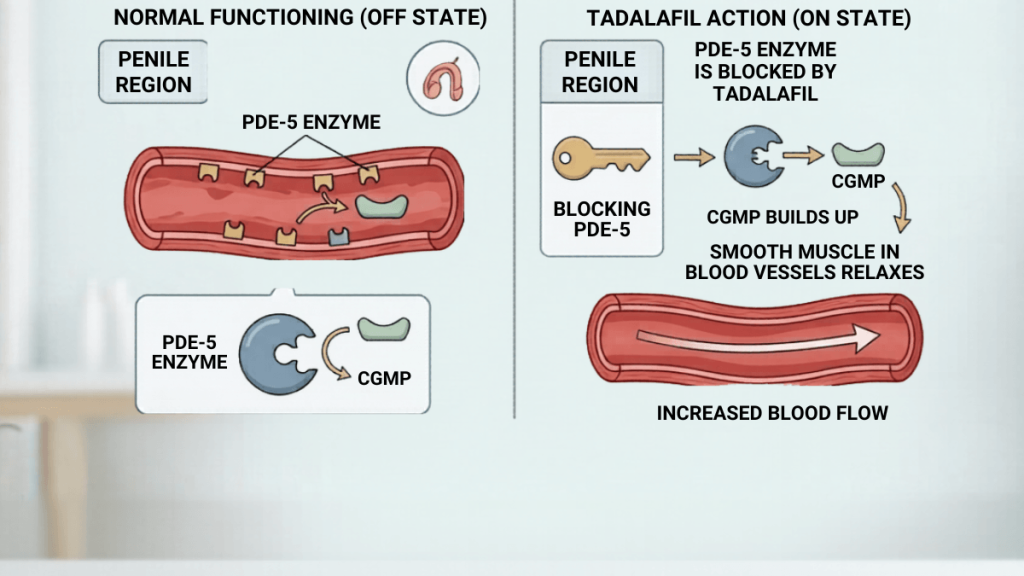 Diagram showing how tadalafil blocks the PDE-5 enzyme, allowing cGMP to build up and blood vessels to relax.