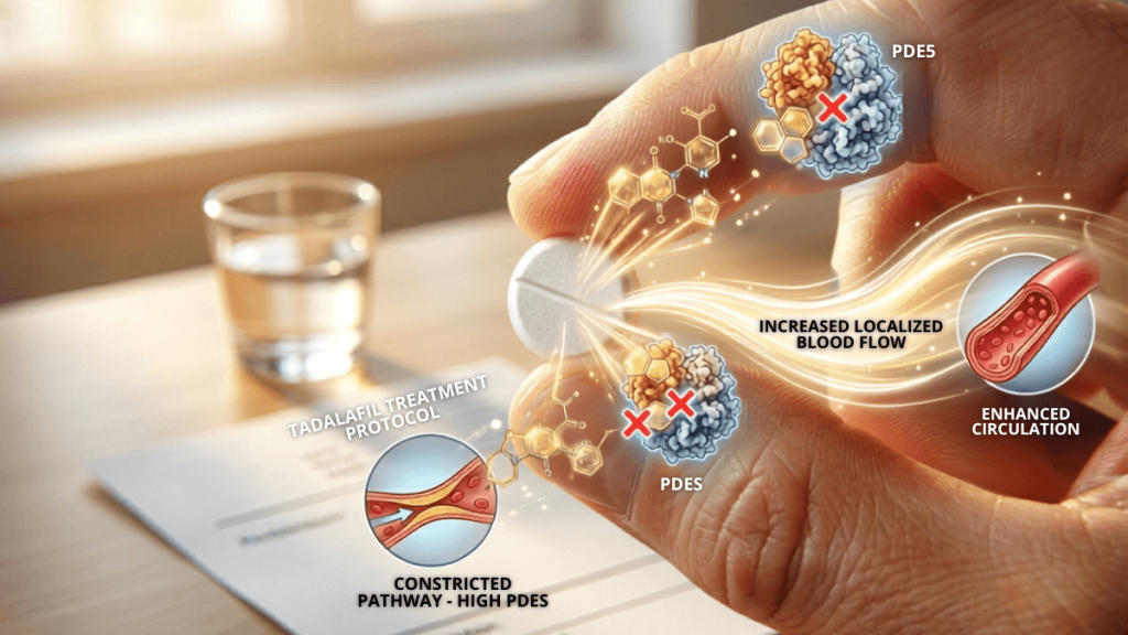 Tadalafil tablet illustrating PDE5 enzyme inhibition and improved blood flow