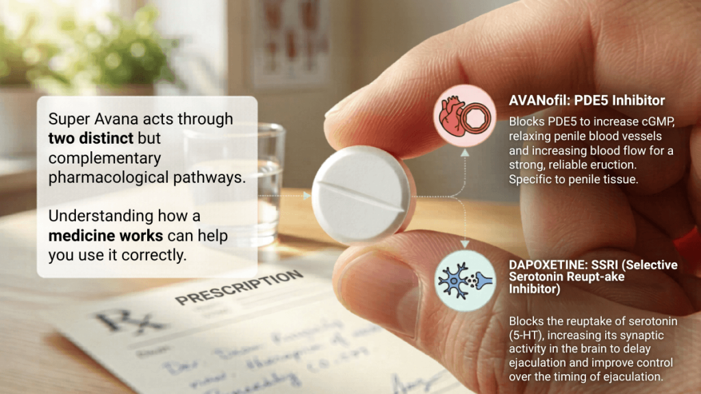 Super Avana tablet showing Avanafil PDE5 inhibitor and Dapoxetine SSRI dual action mechanism