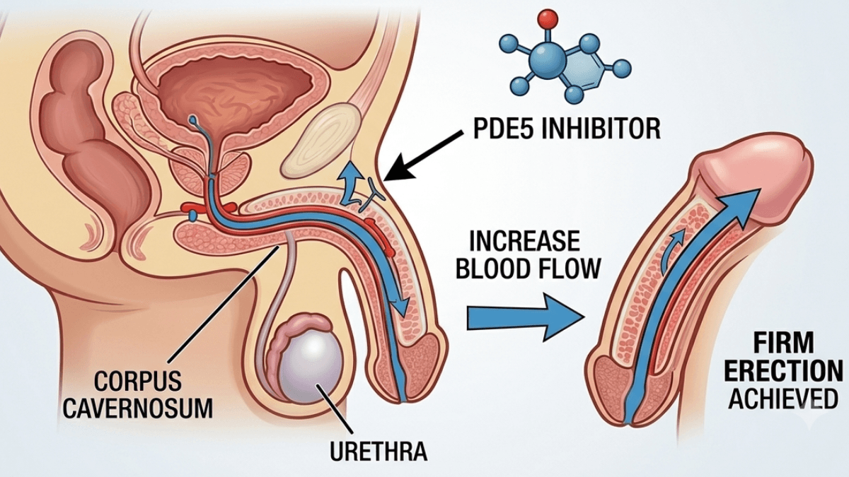 Medical diagram showing how a PDE5 inhibitor increases blood flow to the corpus cavernosum to achieve a firm erection