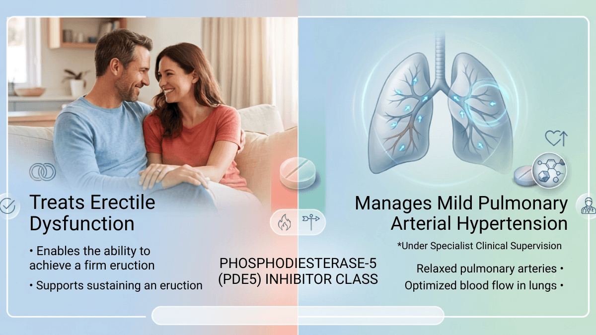 Infographic showing PDE5 inhibitor uses for erectile dysfunction and mild pulmonary arterial hypertension, with a couple and lung illustration.