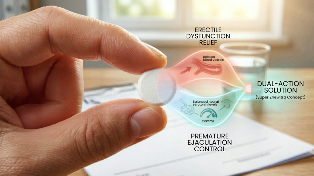 Super Zhewitra dual-action tablet for erectile dysfunction and premature ejaculation control