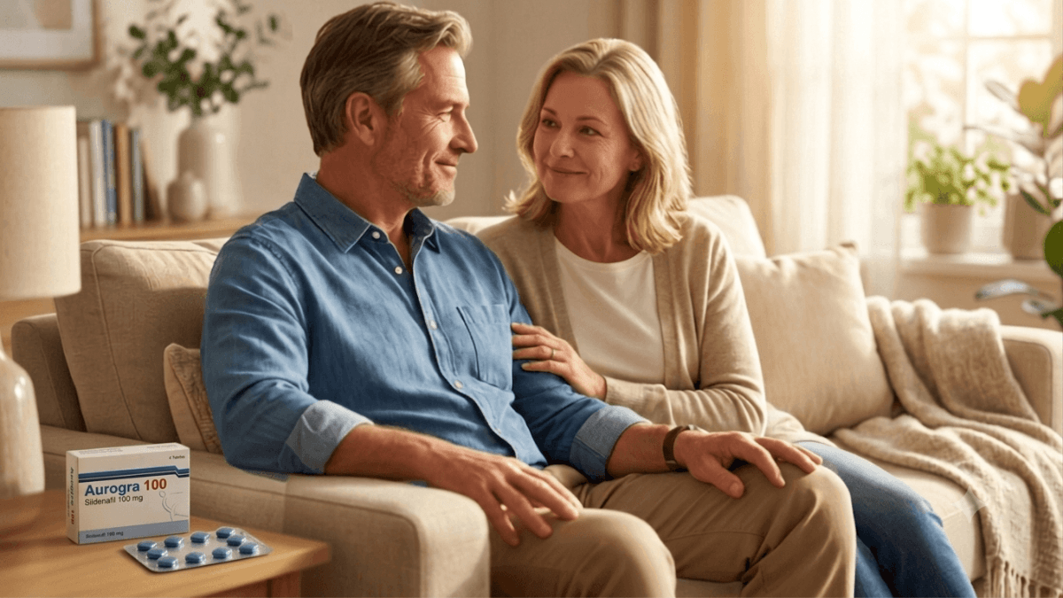 Couple sitting together at home with Aurogra 100mg Sildenafil Citrate tablets on the table