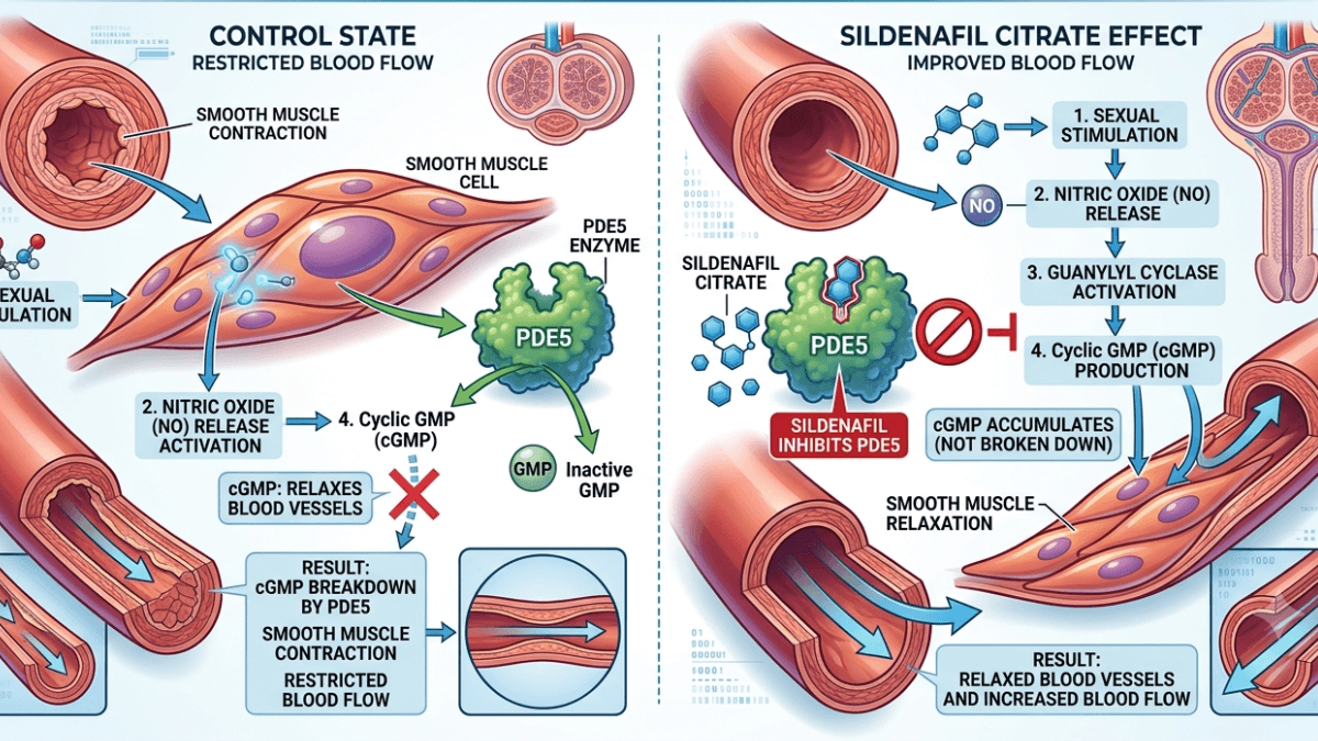 Diagram showing how sildenafil citrate improves blood flow by inhibiting the PDE5 enzyme, relaxing smooth muscle cells and increasing circulation compared to the restricted control state.