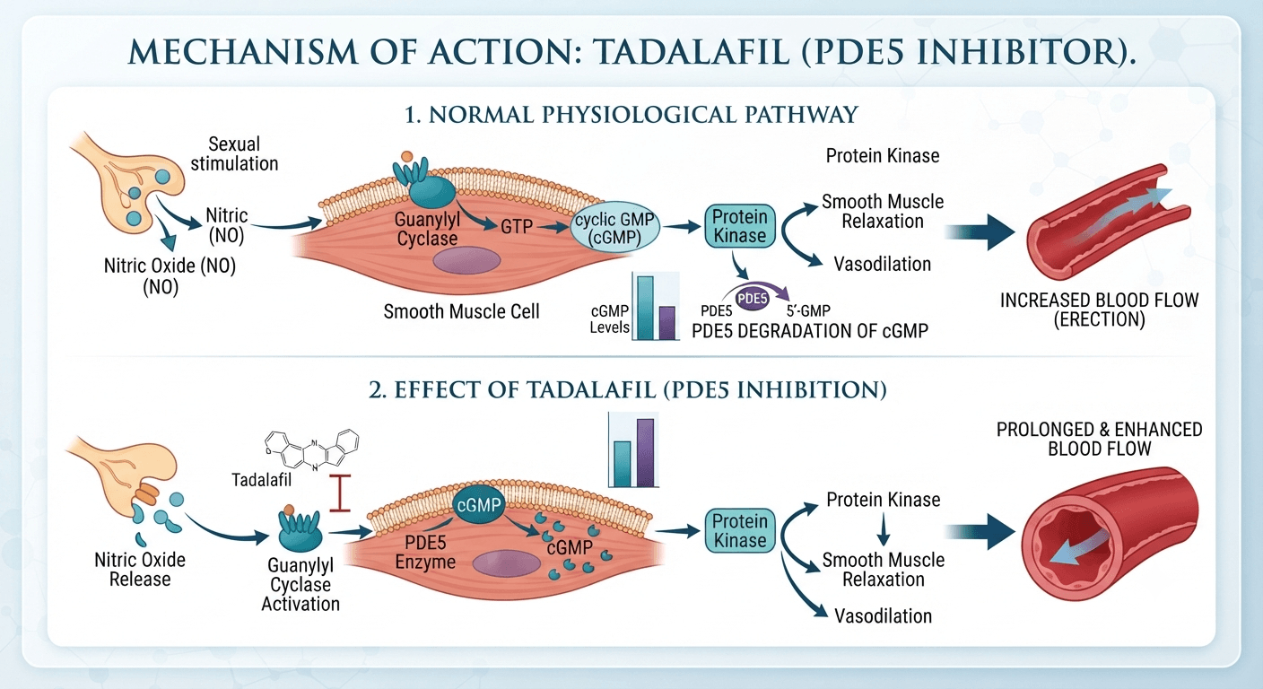 Diagram of tadalafil mechanism of action showing PDE5 inhibition and increased blood flow for erection