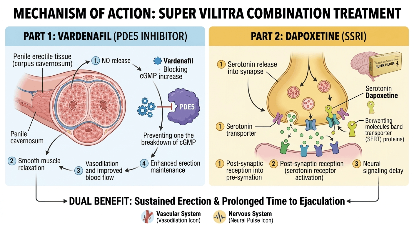 Diagram showing how vardenafil and dapoxetine work together in Super Vilitra tablets