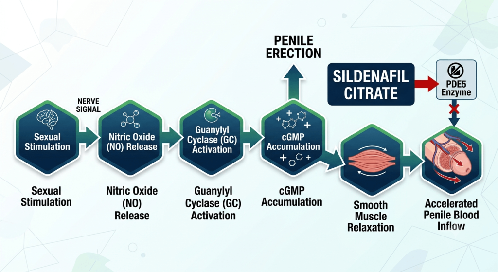 Diagram of the sildenafil citrate mechanism of action, showing the nitric oxide-cGMP pathway leading to penile erection.