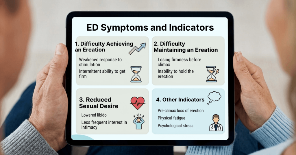 Tablet screen displaying an infographic on ED symptoms and indicators, including erection difficulties and reduced sexual desire.
